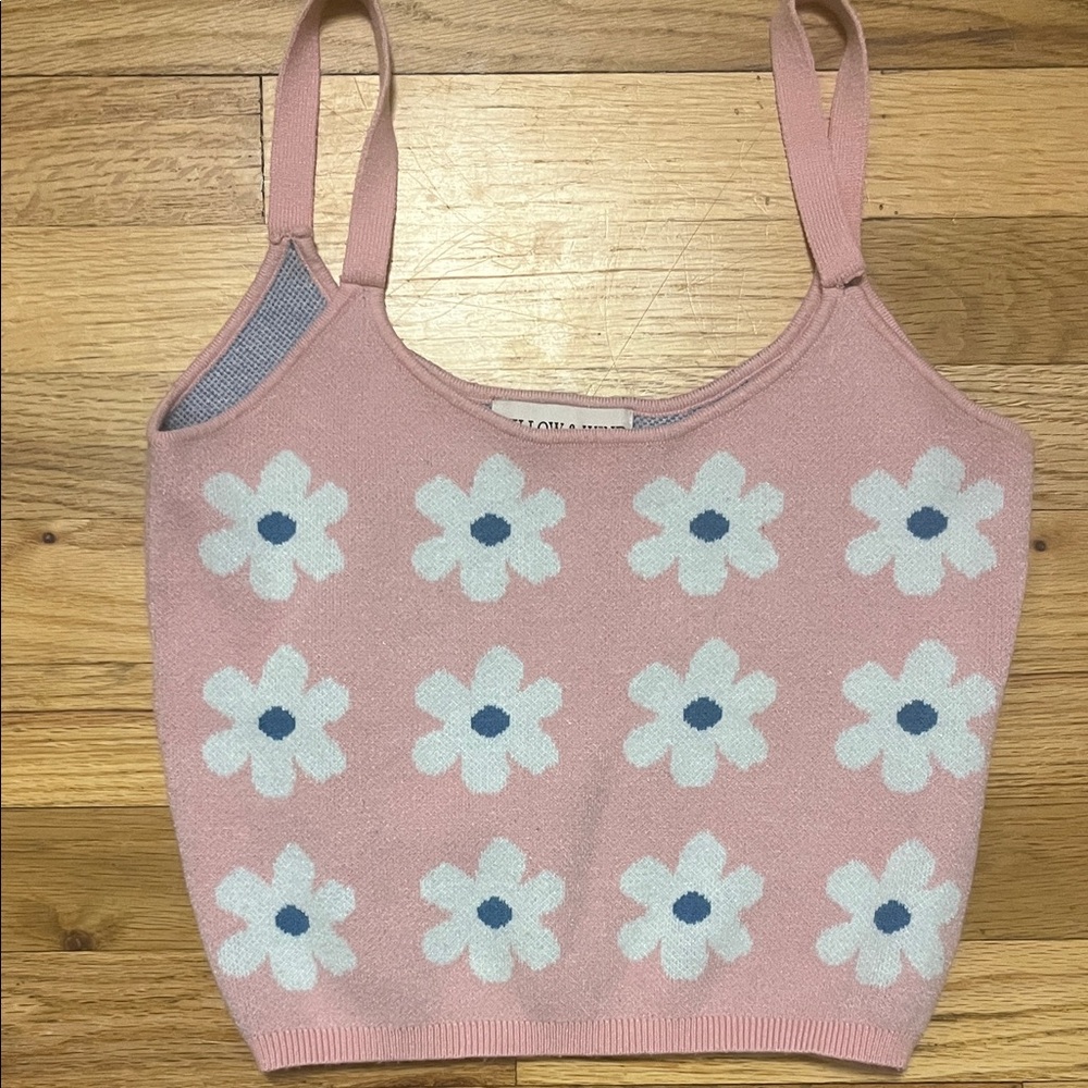 NWOT Willow & Wind Pink Floral Knit Cropped Tank Top Womens Size M